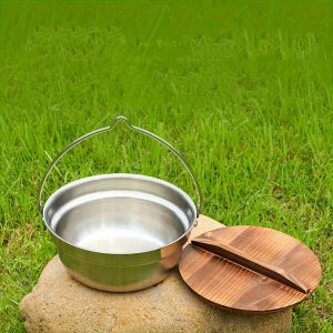 Stainless Steel Open Fire Hanging Camp Cookware Set - 1pc Portable Outdoor Cooking Pot with Lid for Campfire, Picnic, Hiking - Durable, Multipurpose Soup & Hot Pot Kitchen Equipment (Magnesium Rod/Flint Not Included)